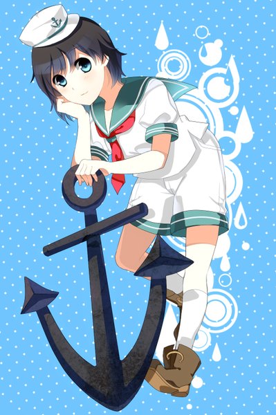 Anime picture 1024x1540 with touhou murasa minamitsu garigarigari single tall image looking at viewer short hair blue eyes black hair full body bent knee (knees) blue background polka dot chin rest polka dot background girl hat socks boots white socks