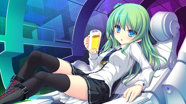 Anime picture 2560x1440 with g.i.b. girls in black sumisu mio tenmaso single long hair looking at viewer highres open mouth blue eyes wide image green hair girl thighhighs skirt black thighhighs shirt necktie