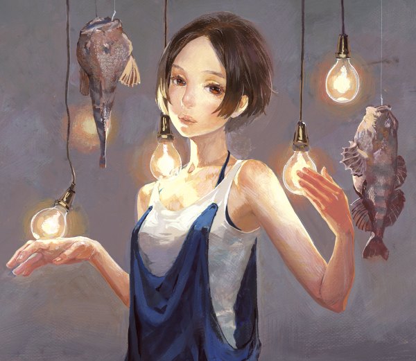 Anime picture 1200x1042 with original jiebu single looking at viewer short hair simple background brown hair brown eyes grey background girl fish (fishes) light bulb