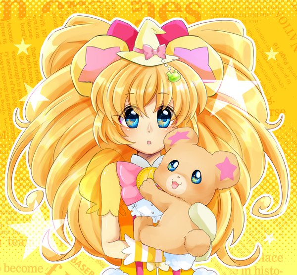Anime picture 1500x1391 with precure mahou girls precure! toei animation mofurun (mahou girls precure!) cure mofurun tsuka d komanana320 long hair looking at viewer blush fringe blue eyes blonde hair holding animal ears payot upper body parted lips :o short sleeves