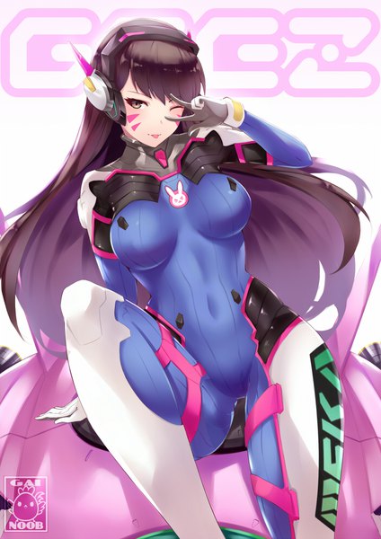 Anime picture 700x990 with overwatch blizzard entertainment d.va (overwatch) gainoob single long hair tall image looking at viewer blush fringe breasts light erotic simple background hair between eyes brown hair white background sitting brown eyes signed bent knee (knees)