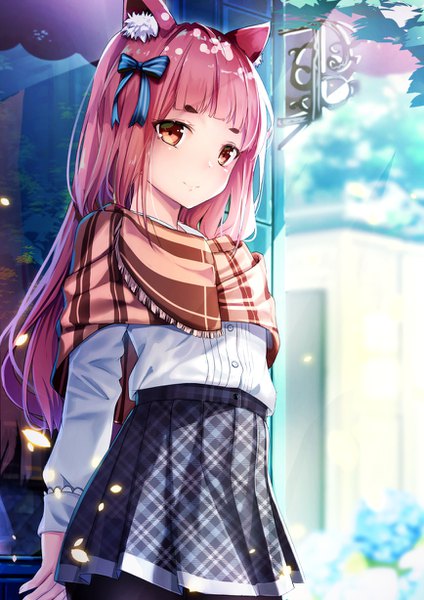 Anime picture 868x1228 with original yan (nicknikg) single long hair tall image looking at viewer blush fringe red eyes standing animal ears pink hair outdoors blunt bangs long sleeves pleated skirt light smile blurry cat ears depth of field
