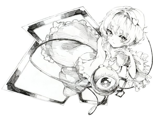 Anime picture 2177x1654 with touhou komeiji satori oshake single looking at viewer highres short hair simple background white background monochrome sketch empty picture frame girl hair ornament frills picture frame eyeball