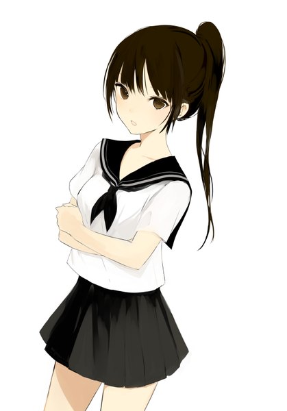 Anime picture 615x881 with original lpip single long hair tall image looking at viewer blush fringe open mouth simple background brown hair standing white background brown eyes payot ponytail pleated skirt short sleeves crossed arms girl