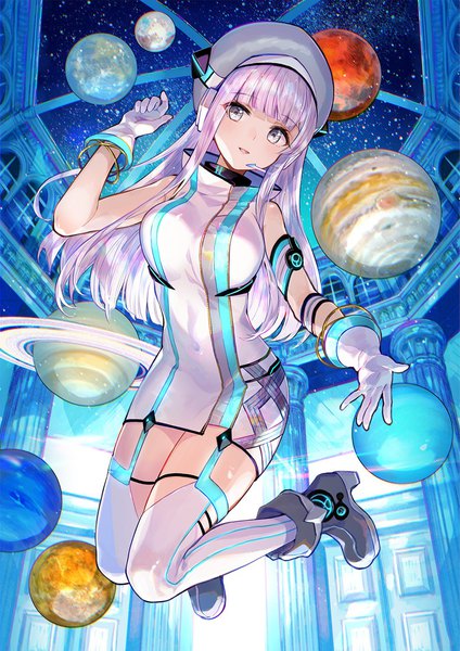 Anime picture 1061x1500 with d4dj izumo saki fuzichoco single long hair tall image looking at viewer fringe breasts pink hair silver hair blunt bangs sleeveless jumping bouncing breasts girl thighhighs dress gloves white thighhighs
