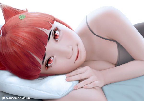 Anime picture 3508x2480 with original milk (jubi) jubi (regiana) single fringe highres short hair breasts smile red eyes signed animal ears absurdres cleavage red hair lying blunt bangs nail polish cat ears realistic