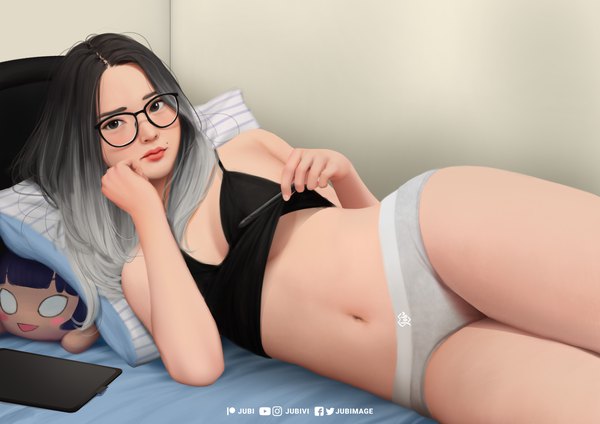 Anime picture 3508x2480 with real life adela pramestiayu (yuuchan) jubi (regiana) single long hair looking at viewer highres breasts light erotic black hair large breasts signed absurdres lying grey hair black eyes realistic mole on side gradient hair