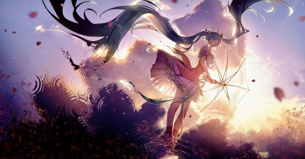 Anime picture 3000x1565 with vocaloid melt (vocaloid) hatsune miku lengchan (fu626878068) single fringe highres hair between eyes wide image twintails sky cloud (clouds) full body ahoge eyes closed very long hair wind aqua hair reflection ripples