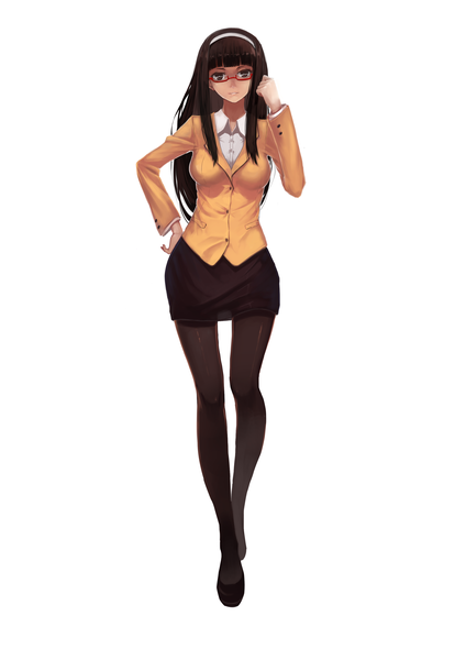 Anime picture 2480x3507 with touhou houraisan kaguya sola7764 single long hair tall image looking at viewer fringe highres simple background smile brown hair white background brown eyes alternate costume hand on hip alternate hairstyle girl miniskirt pantyhose