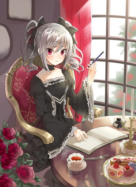Anime picture 766x1053 with idolmaster idolmaster cinderella girls kanzaki ranko hayama eishi single long hair tall image looking at viewer blush red eyes silver hair drill hair girl dress flower (flowers) bow hair bow frills sweets cup