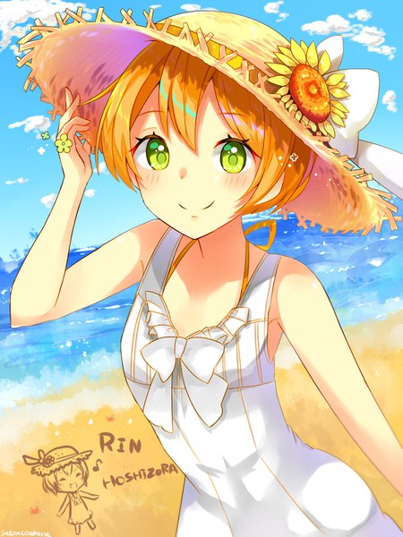 Anime picture 1200x1600 with love live! school idol project sunrise (studio) love live! hoshizora rin solanikieru single tall image looking at viewer blush fringe short hair smile hair between eyes standing bare shoulders green eyes signed sky cloud (clouds) outdoors