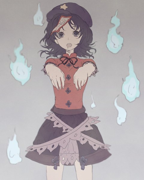 Anime picture 800x1000 with touhou miyako yoshika egawa satsuki single tall image looking at viewer fringe short hair open mouth black hair simple background black eyes ghost glow zombie zombie pose girl skirt bow star (symbol)