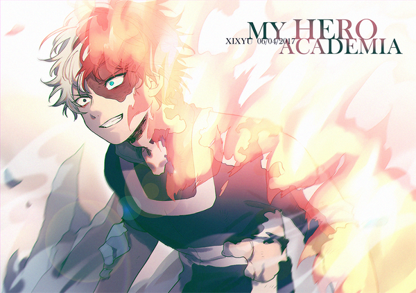 Anime picture 1416x1000 with boku no hero academia studio bones todoroki shouto xi yuu single short hair signed looking away white hair red hair multicolored hair two-tone hair copyright name heterochromia dated scar muscle abs boy flame