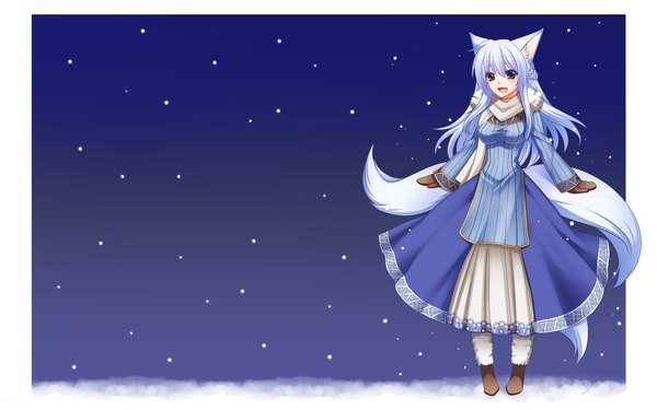 Anime picture 1920x1200 with original konshin single long hair blush highres open mouth wide image animal ears blue hair black eyes cat ears cat tail border snowing half updo girl dress scarf mittens