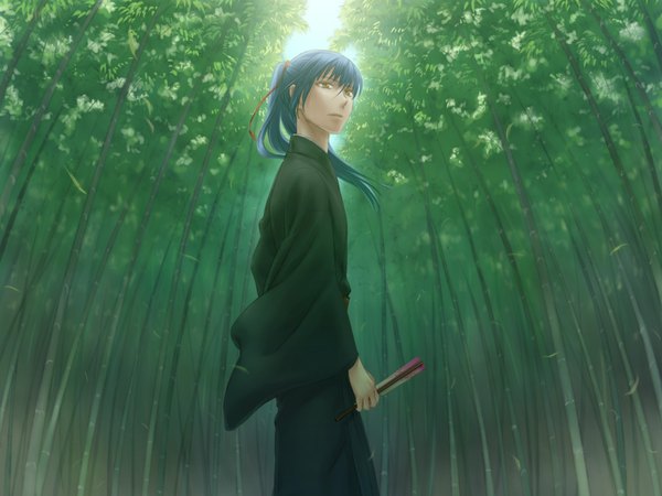 Anime picture 1600x1200 with macross macross frontier saotome alto single highres yellow eyes blue hair ponytail japanese clothes boy plant (plants) kimono fan bamboo