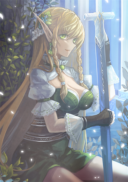 Anime picture 600x848 with original vetina single long hair tall image fringe breasts blonde hair smile large breasts sitting green eyes bent knee (knees) braid (braids) pointy ears twin braids elf girl dress gloves