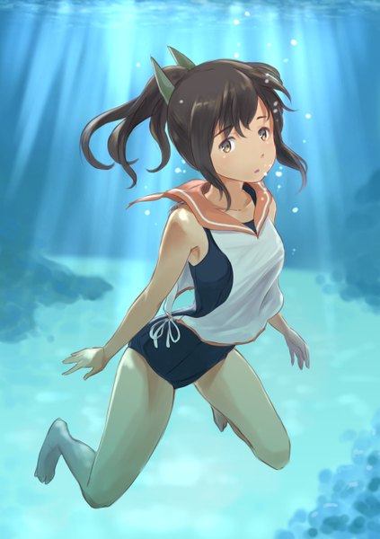 Anime picture 2039x2894 with kantai collection i-401 aircraft carrying submarine wa (genryusui) single long hair tall image looking at viewer highres brown hair brown eyes ponytail barefoot sunlight underwater swimming girl swimsuit one-piece swimsuit sailor suit