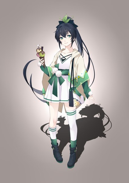 Anime picture 1748x2480 with onmyoji ying grass juni gen single tall image fringe highres black hair simple background smile hair between eyes standing green eyes full body ponytail long sleeves very long hair grey background shadow gradient background