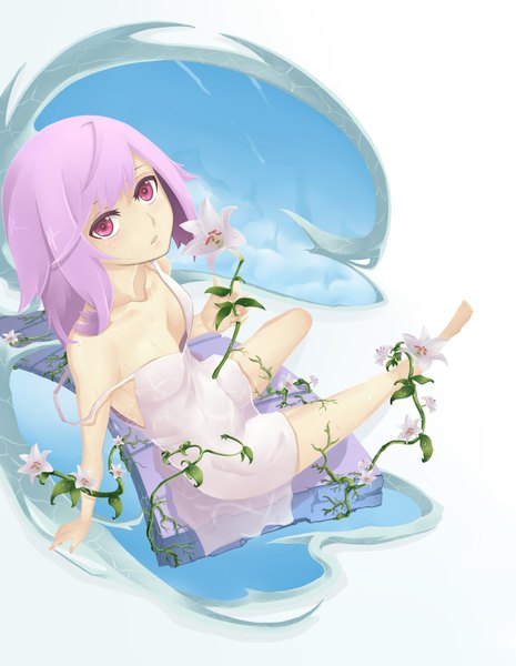 Anime picture 2480x3200 with original oni-noboru single long hair tall image highres white background pink hair pink eyes looking up girl flower (flowers) sundress