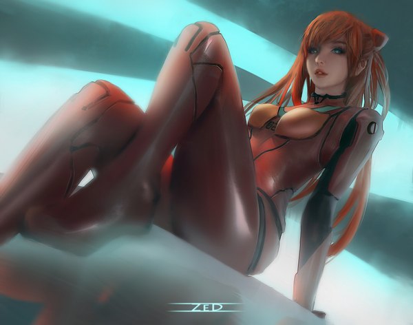 Anime picture 1920x1510 with neon genesis evangelion rebuild of evangelion evangelion: 3.0 you can (not) redo gainax soryu asuka langley shikinami asuka langley zed single long hair looking at viewer fringe highres breasts brown hair sitting green eyes signed bent knee (knees) indoors parted lips