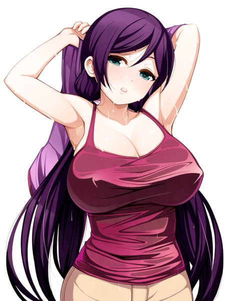 Anime picture 750x1000 with love live! school idol project sunrise (studio) love live! toujou nozomi torigoe takumi single long hair tall image looking at viewer blush breasts light erotic simple background white background green eyes cleavage purple hair wet huge breasts girl