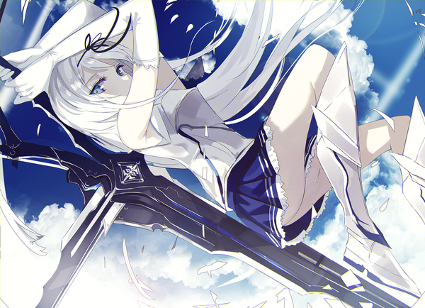Anime picture 1356x981 with original beckzawachi single long hair looking at viewer fringe blue eyes bare shoulders holding silver hair cloud (clouds) bent knee (knees) ass outdoors arms up covered mouth frilly skirt girl skirt gloves