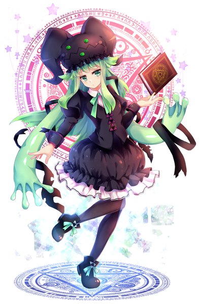 Anime picture 1000x1520 with touhou book of star mythology original fuma mishandra hichou single long hair tall image looking at viewer fringe standing green eyes payot head tilt green hair magic standing on one leg girl dress ribbon (ribbons)