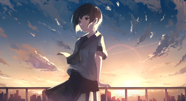 Anime picture 2200x1199 with original mifuru single fringe highres short hair brown hair wide image looking away sky cloud (clouds) parted lips pleated skirt wind sunlight arm support short sleeves grey eyes lens flare evening