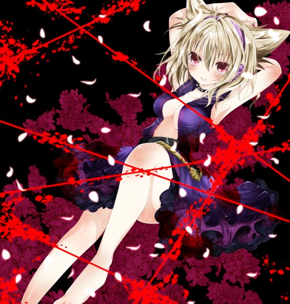 Anime picture 1300x1361 with touhou toyosatomimi no miko nanase nao single tall image looking at viewer blush short hair breasts light erotic blonde hair red eyes lying arms up armpit (armpits) legs girl flower (flowers) belt headphones