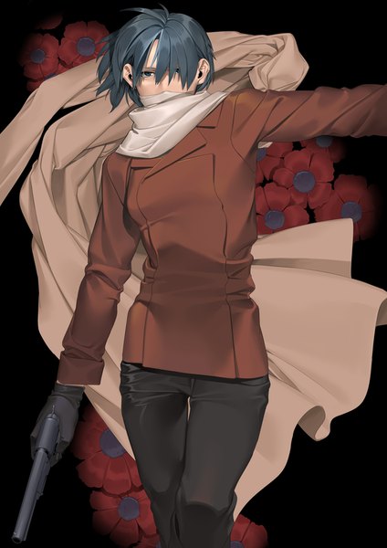 Anime picture 579x818 with kino no tabi kino (kino no tabi) keruberosu-a single tall image looking at viewer fringe short hair black hair standing holding ahoge hair over one eye grey eyes outstretched arm black background covered mouth alternate age older girl