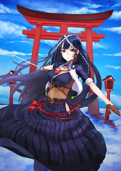 Anime picture 1239x1753 with original kaito nina single long hair tall image looking at viewer breasts black hair standing purple eyes holding cloud (clouds) spread arms twisty sleeves girl skirt gloves hair ornament weapon sword