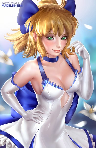 Anime-Bild 1308x2000 mit fate (series) artoria pendragon (all) saber saber lily madeleineink single tall image looking at viewer fringe short hair breasts light erotic blonde hair smile bare shoulders green eyes signed cleavage upper body realistic