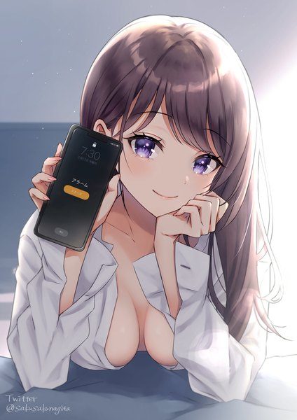 Anime picture 1447x2047 with original sakunagita single long hair tall image looking at viewer blush fringe breasts light erotic smile brown hair large breasts purple eyes holding signed upper body indoors fingernails twitter username