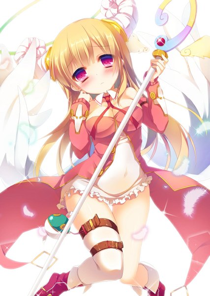Anime picture 595x835 with merc storia amamine single long hair tall image blush light erotic blonde hair bent knee (knees) pink eyes horn (horns) angel wings sheep girl girl dress navel wings frills feather (feathers) staff