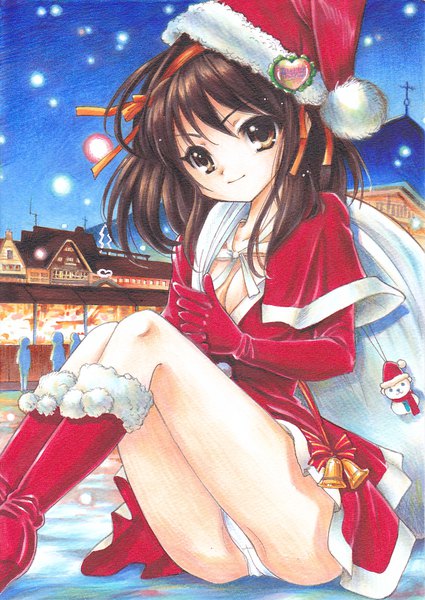 Anime picture 1238x1746 with suzumiya haruhi no yuutsu kyoto animation suzumiya haruhi tomoeri single tall image looking at viewer short hair breasts light erotic brown hair large breasts sitting brown eyes sky cleavage bent knee (knees) head tilt light smile night