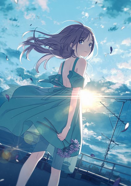Anime picture 2894x4093 with original hechima (issindotai) single long hair tall image looking at viewer fringe highres blue eyes brown hair standing bare shoulders holding sky cloud (clouds) outdoors looking back horn (horns) wind from behind
