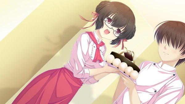 Anime picture 2560x1440 with mizu no miyako no patisserie highres short hair open mouth black hair red eyes wide image game cg girl boy ribbon (ribbons) hair ribbon glasses sweets cake