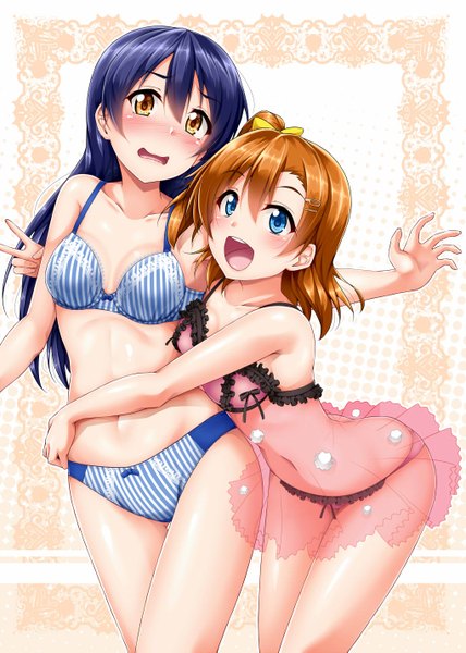 Anime picture 1020x1431 with love live! school idol project sunrise (studio) love live! sonoda umi kousaka honoka yopparai oni long hair tall image looking at viewer blush fringe short hair breasts open mouth blue eyes light erotic smile standing bare shoulders multiple girls