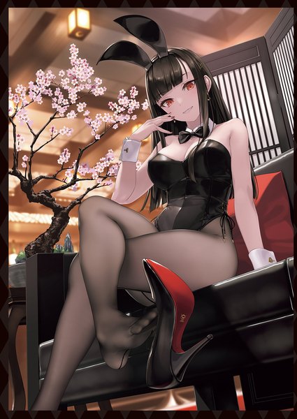 Anime picture 1359x1920 with original rokuwata tomoe single long hair tall image looking at viewer fringe breasts light erotic black hair smile red eyes large breasts sitting animal ears cleavage bent knee (knees) indoors blunt bangs nail polish