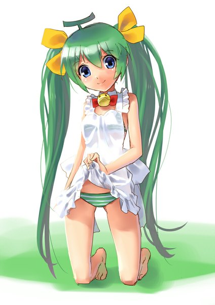 Anime picture 636x900 with melonbooks melon-chan katahira masashi single tall image looking at viewer blush blue eyes light erotic smile twintails very long hair barefoot green hair kneeling nearly naked apron girl underwear swimsuit bikini