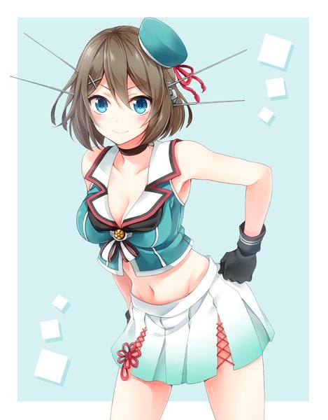 Anime picture 744x950 with kantai collection maya heavy cruiser kubyou azami single tall image looking at viewer blush short hair blue eyes light erotic smile hair between eyes bare shoulders cleavage bare belly hand on hip border outside border remodel (kantai collection) aqua background