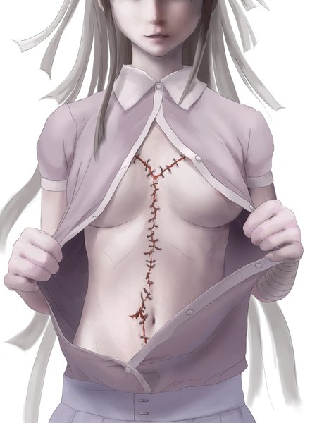 Anime picture 1369x1827 with dangan ronpa super dangan ronpa 2 tsumiki mikan nyarko single long hair tall image breasts open mouth light erotic black hair simple background white background open clothes open shirt scar girl navel bandage (bandages)
