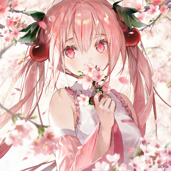 Anime picture 900x900 with vocaloid hatsune miku sakura miku dsmile single long hair looking at viewer fringe hair between eyes twintails pink hair upper body pink eyes cherry blossoms covered mouth girl flower (flowers) detached sleeves petals fruit