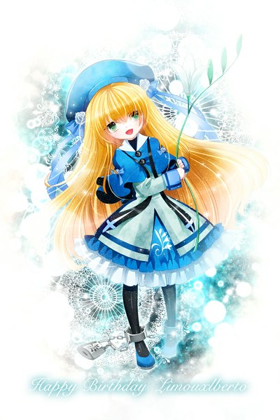 Anime picture 700x1050 with alice in wonderland alice (wonderland) rinko (mg54) long hair tall image blush open mouth blonde hair green eyes girl dress flower (flowers) hat lock