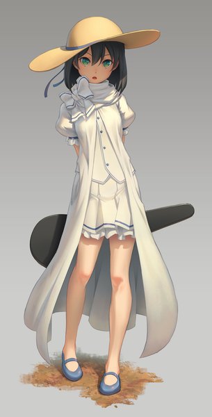 Anime picture 509x1000 with original pinakes single tall image looking at viewer fringe short hair open mouth black hair simple background standing holding green eyes pleated skirt grey background bare legs :o shadow short sleeves puffy sleeves