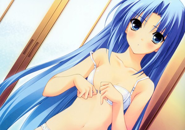 Anime picture 4177x2950 with r.g.b! shiki ai suzuhira hiro single long hair highres blue eyes light erotic blue hair undressing girl lingerie bra white bra