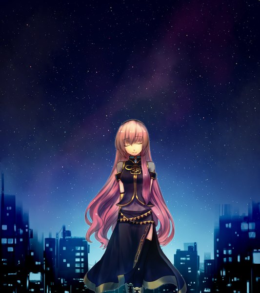 Anime picture 1600x1800 with vocaloid megurine luka oharu single long hair tall image fringe standing pink hair eyes closed light smile night night sky city hands behind back cityscape lacing city lights girl thighhighs