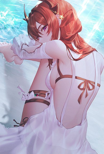 Anime-Bild 815x1200 mit arknights surtr (arknights) surtr (colorful wonderland) (arknights) no.aei single long hair tall image looking at viewer fringe breasts light erotic hair between eyes sitting purple eyes red hair profile barefoot horn (horns) from behind sunlight