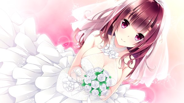 Anime picture 1920x1080 with golden marriage ensemble (studio) ichijouji touko hayakawa harui single long hair looking at viewer blush fringe highres breasts light erotic smile brown hair wide image large breasts bare shoulders holding game cg pink eyes