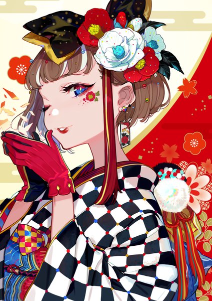 Anime picture 2896x4096 with original yuu (higashi no penguin) single tall image looking at viewer fringe highres short hair blue eyes red eyes holding upper body blunt bangs traditional clothes parted lips japanese clothes one eye closed multicolored hair hair flower wink
